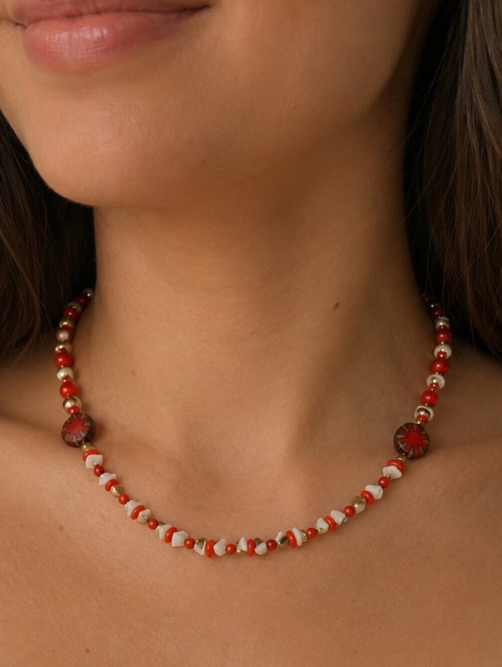 HANDMADE Tomato Red Coral Swarovski Pearl Czech Glass Beaded Collar Necklace